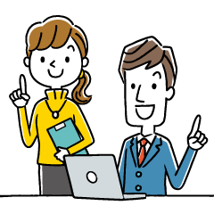 人差し指を立てる男女社員